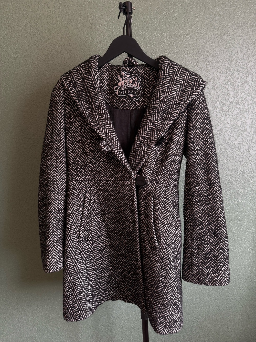 GUESS Black and White Herringbone Pea Coat
